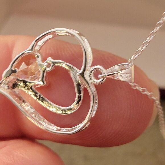 Sterling Openwork Pink Heart CZ  Necklace & Stud Earrings Set - Ne… - Picture 7 of 7